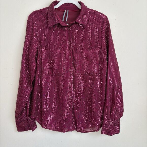 Anthropologie Pink The Remie Sequin Button Down Size Medium - Picture 2 of 11